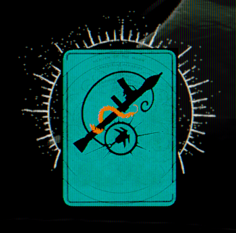 a picture of the dominion card. it is a deep cyan, with the silhouette of a rocket launcher and a grappling hook on it