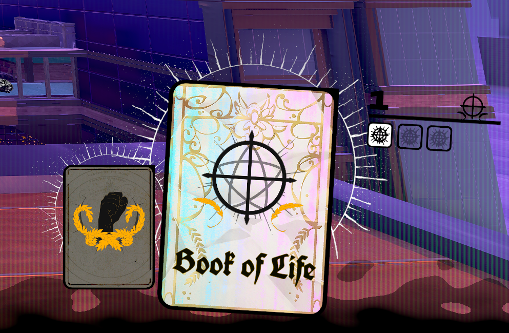 A screenshot of the book of life card in-hand, with the fists next to it. it is a very ornate white-and-gold card.
